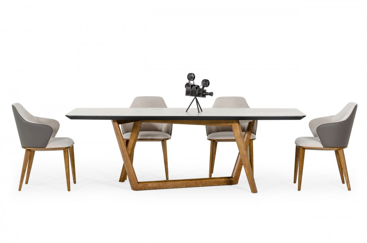 91" White And Brown Stone Trestle Base Dining Table
