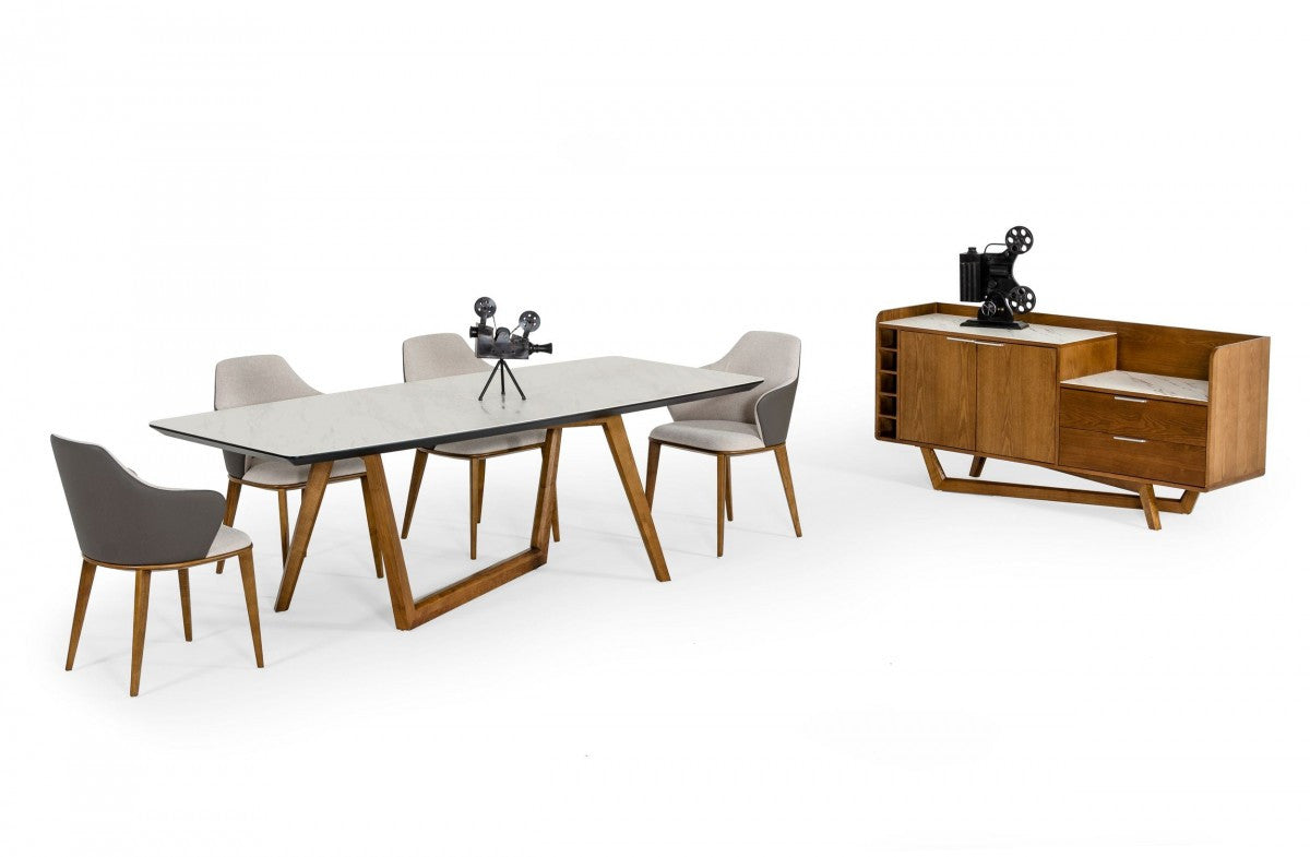 91" White And Brown Stone Trestle Base Dining Table