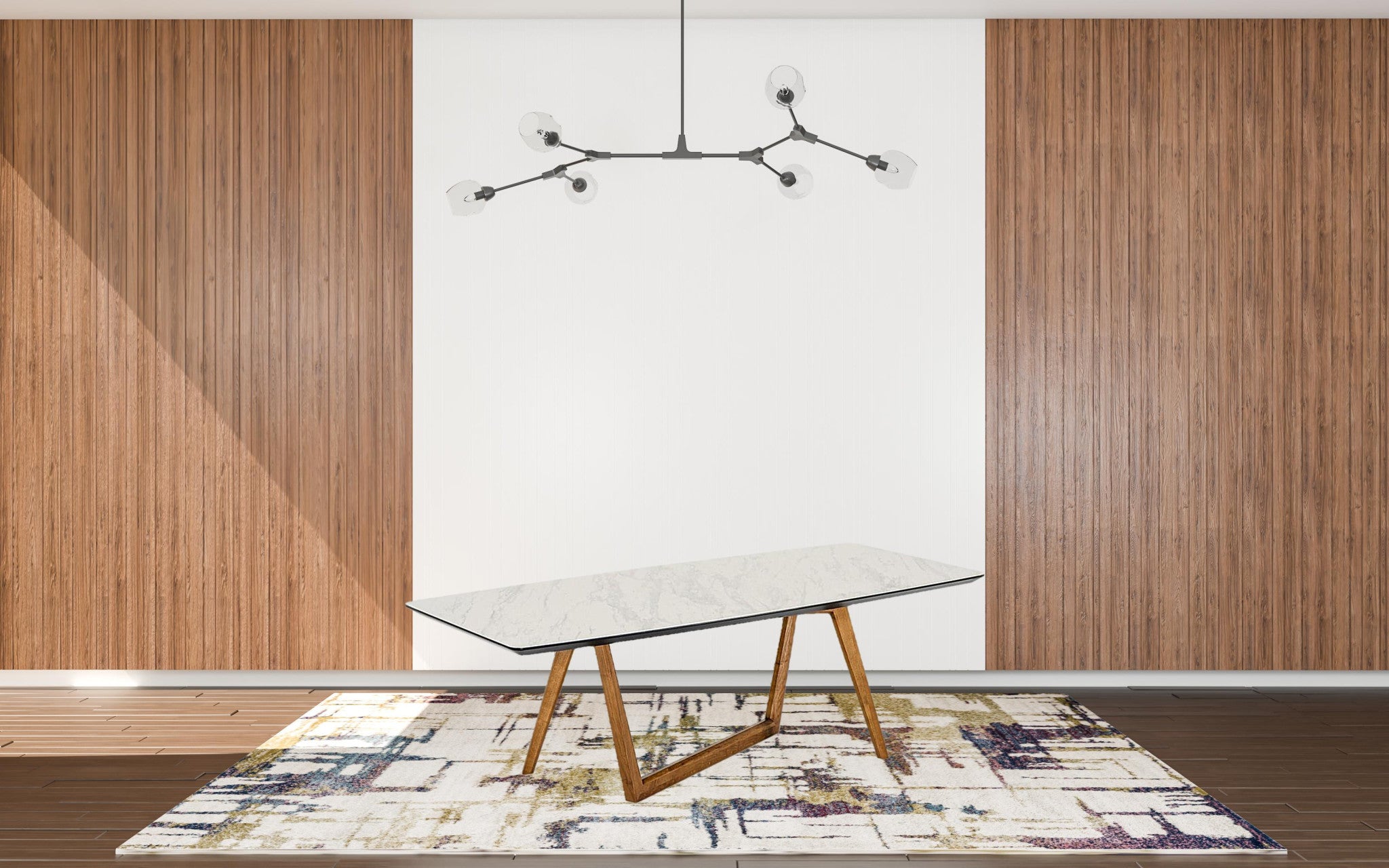 91" White And Brown Stone Trestle Base Dining Table