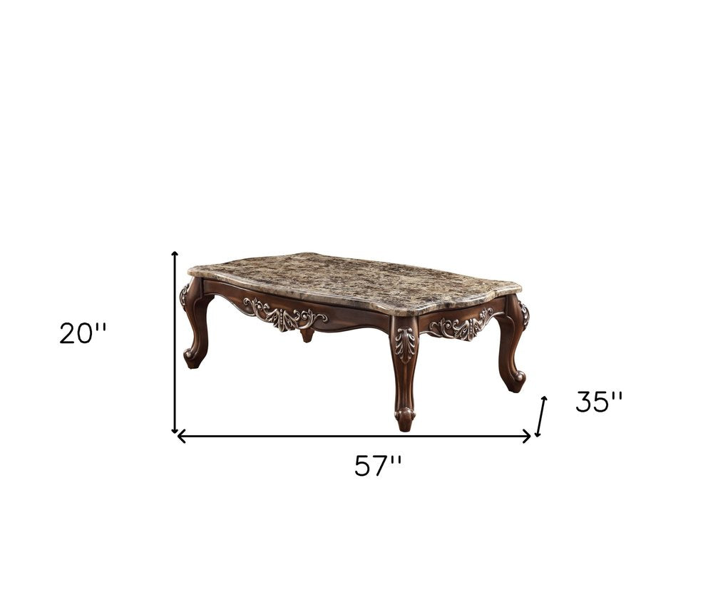 57" Brown and Oak Faux Marble And Wood Coffee Table
