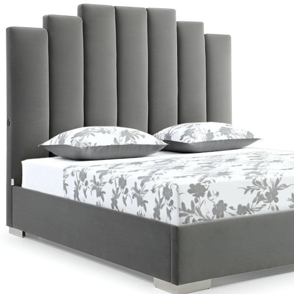 Queen Grey Upholstered Vertical Channel Velvet Bed with USB