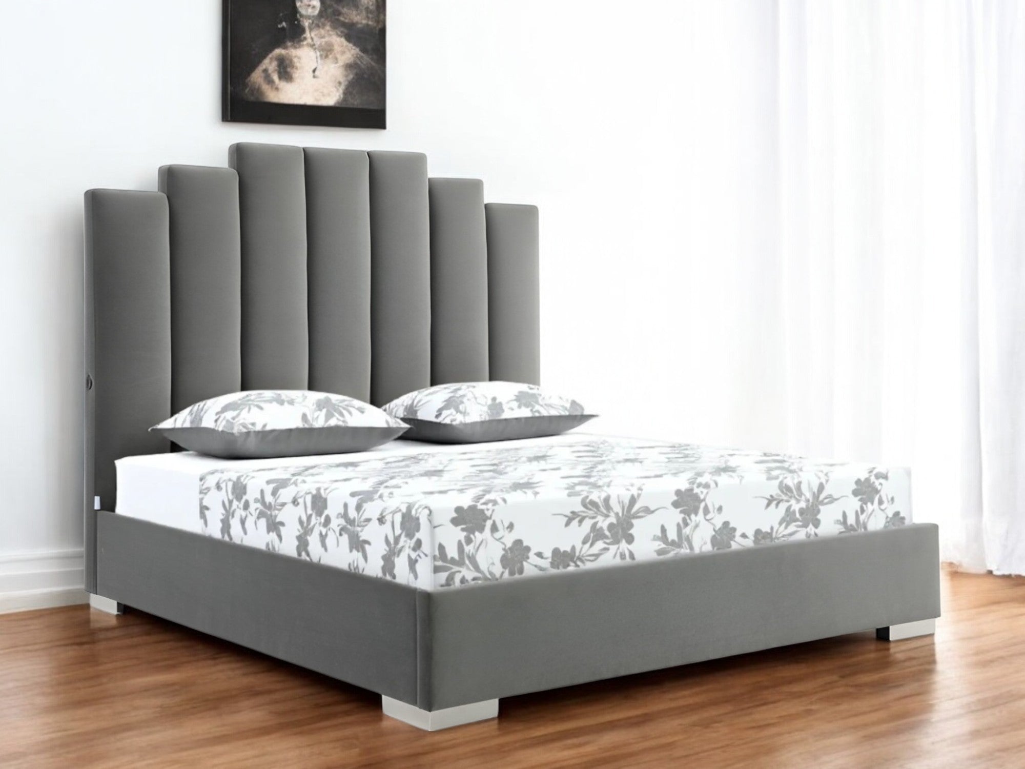 Queen Grey Upholstered Vertical Channel Velvet Bed with USB