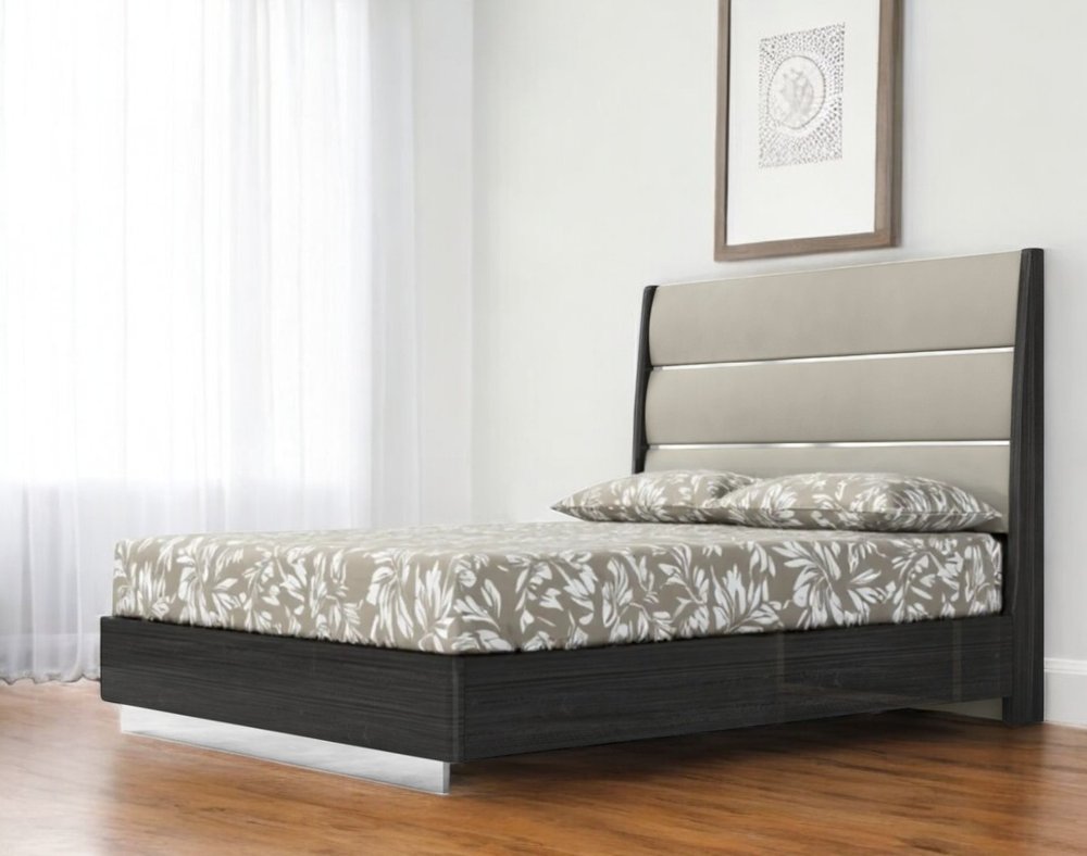 Queen Dark Grey High Gloss Bed Frame with Faux Leather Headboard