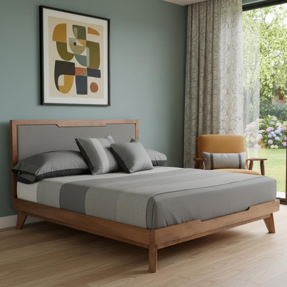 Gray and Brown Wood And Linen Queen Bed Frame