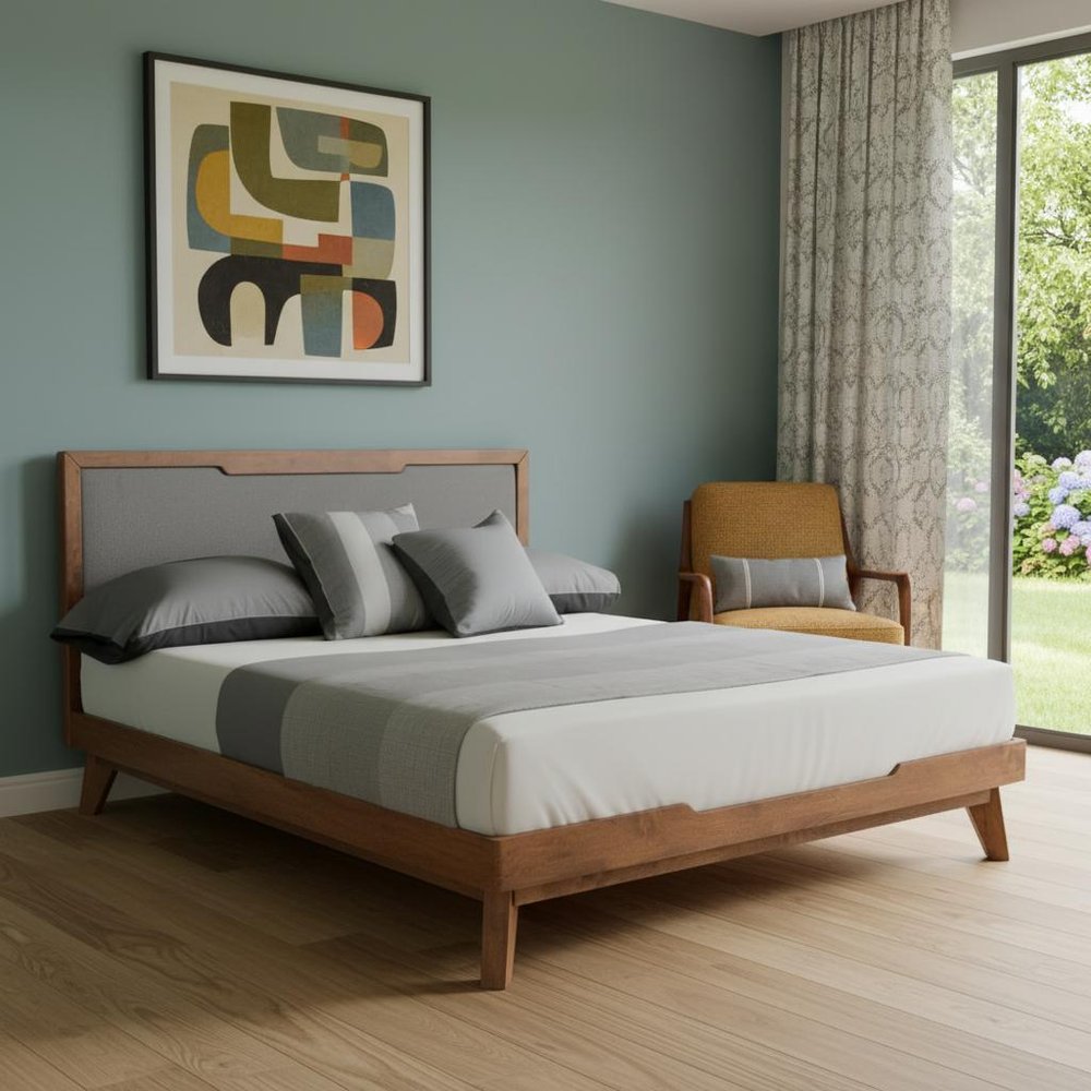 Gray and Brown Wood And Linen King Bed Frame