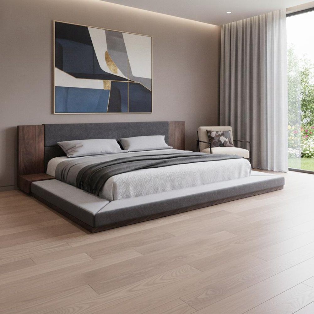 Brown and Gray Wood Upholstered King Bed Frame