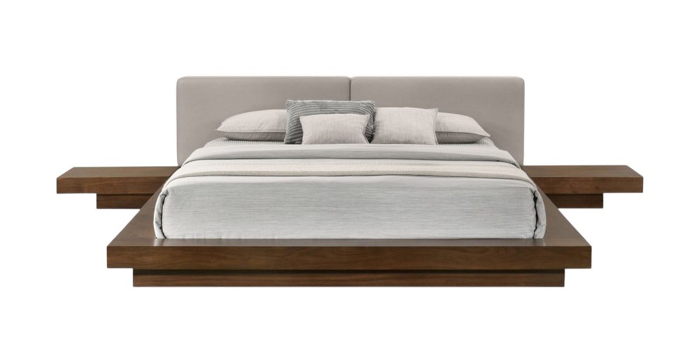Gray and Walnut Wood And Faux Leather Queen Bed Frame With Attached Nightstands