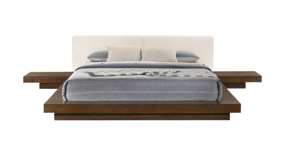 Walnut and White Wood And Faux Leather King Bed Frame With Attached Nightstands