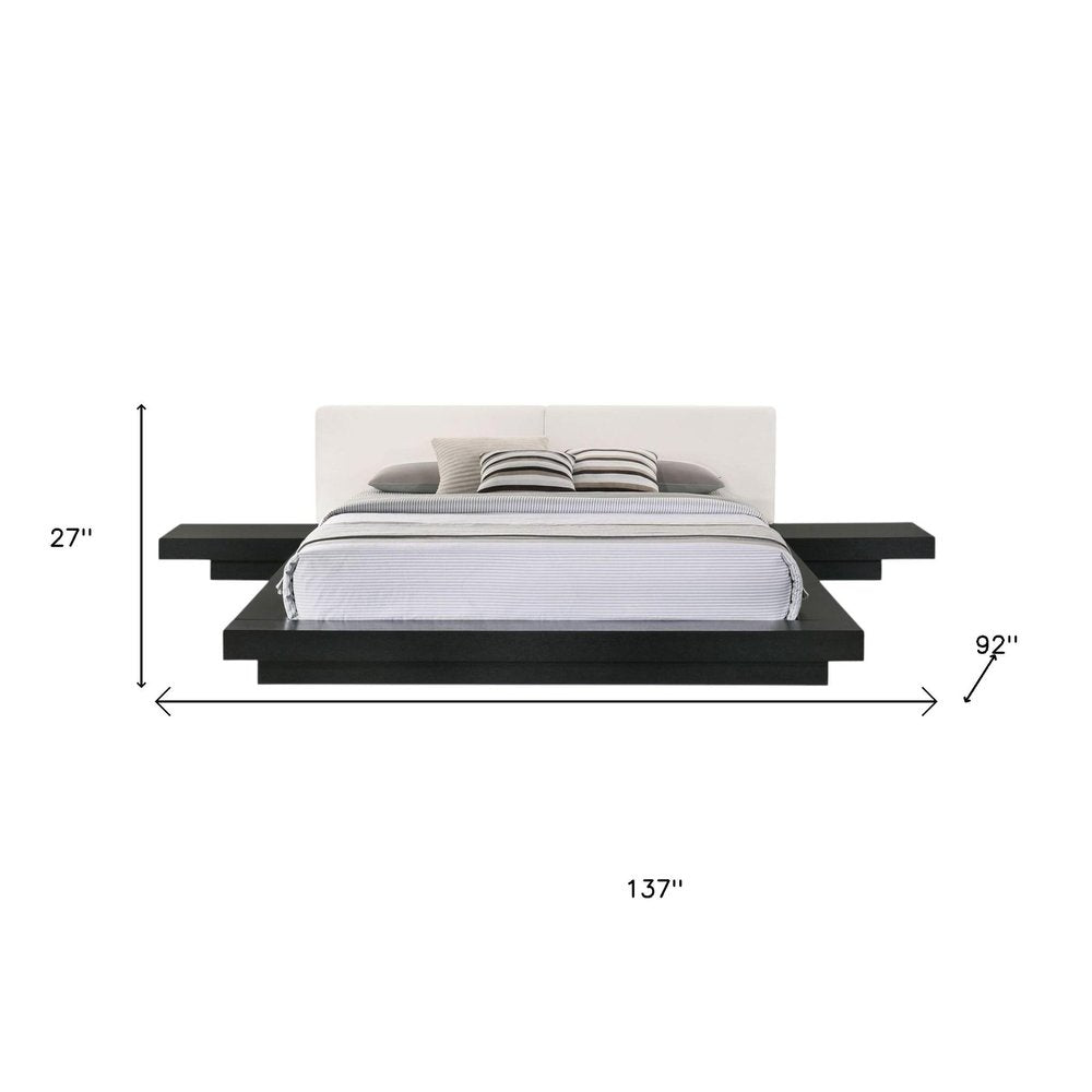 Walnut and White Wood And Faux Leather King Bed Frame With Attached Nightstands