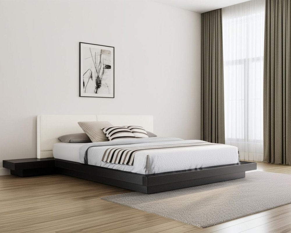 Walnut and White Wood And Faux Leather King Bed Frame With Attached Nightstands