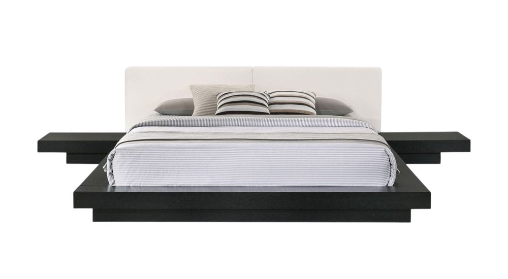 Walnut and White Wood And Faux Leather King Bed Frame With Attached Nightstands