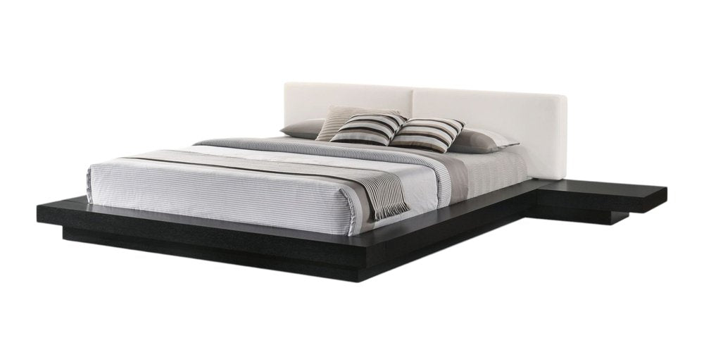Walnut and White Wood And Faux Leather King Bed Frame With Attached Nightstands