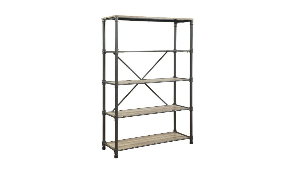 71" Antique Oak And Gray Distressed Four Tier Bookcase