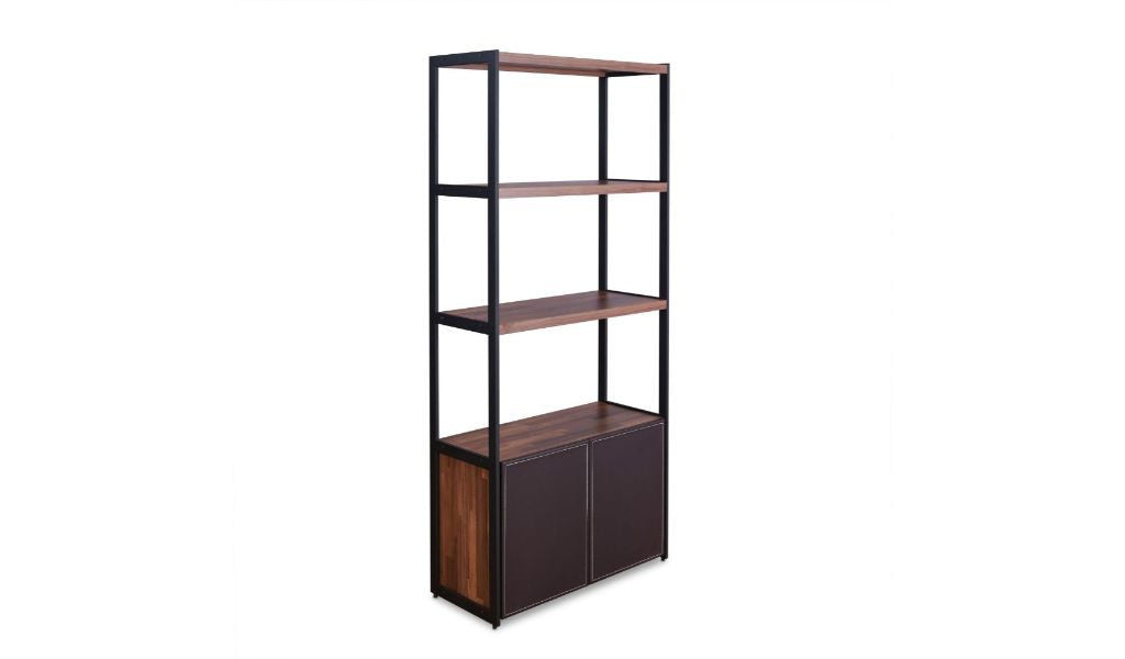 70" Brown and Black Metal Three Tier Bookcase with Two doors