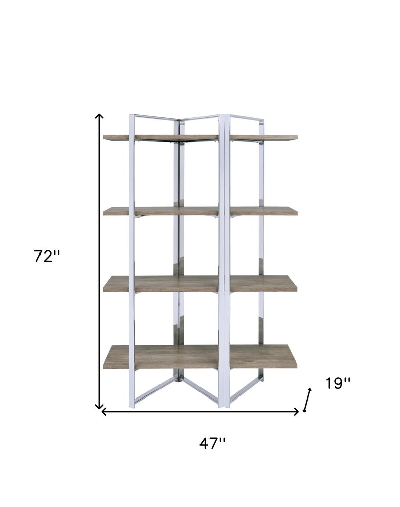 72" Natural And Silver Metal and Wood Four Tier Etagere Bookcase