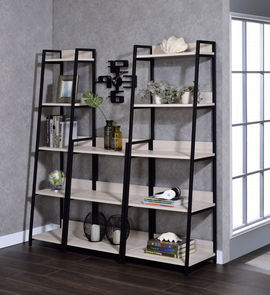 37" Natural and Black Metal Three Tier Ladder Bookcase