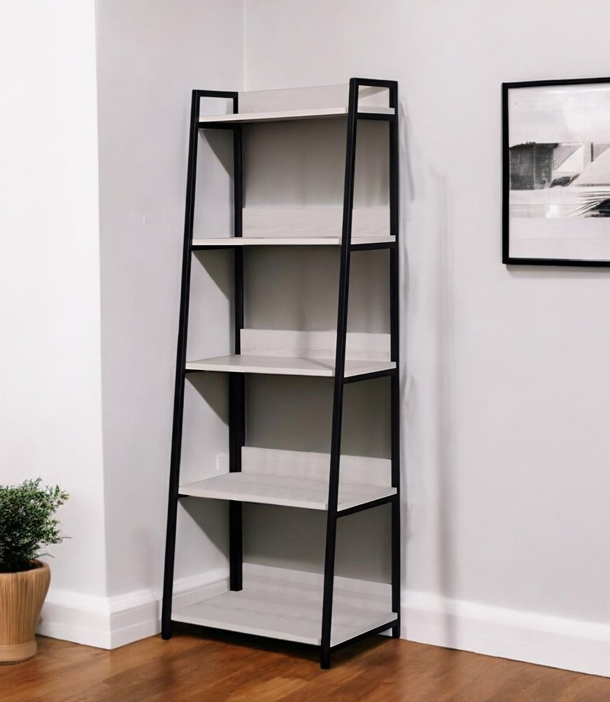67" Natural and Black Metal Five Tier Ladder Bookcase