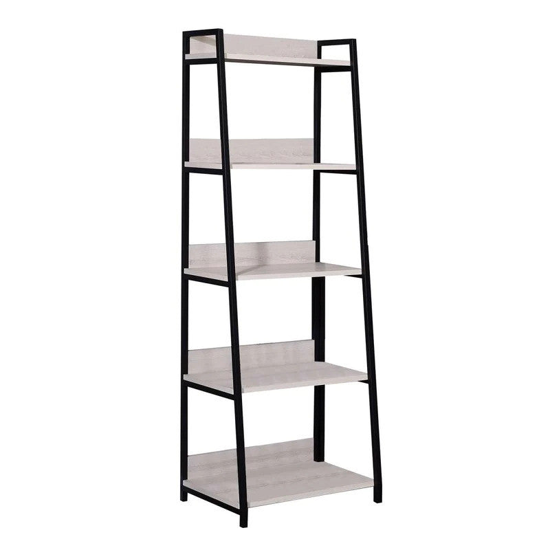 67" Natural and Black Metal Five Tier Ladder Bookcase