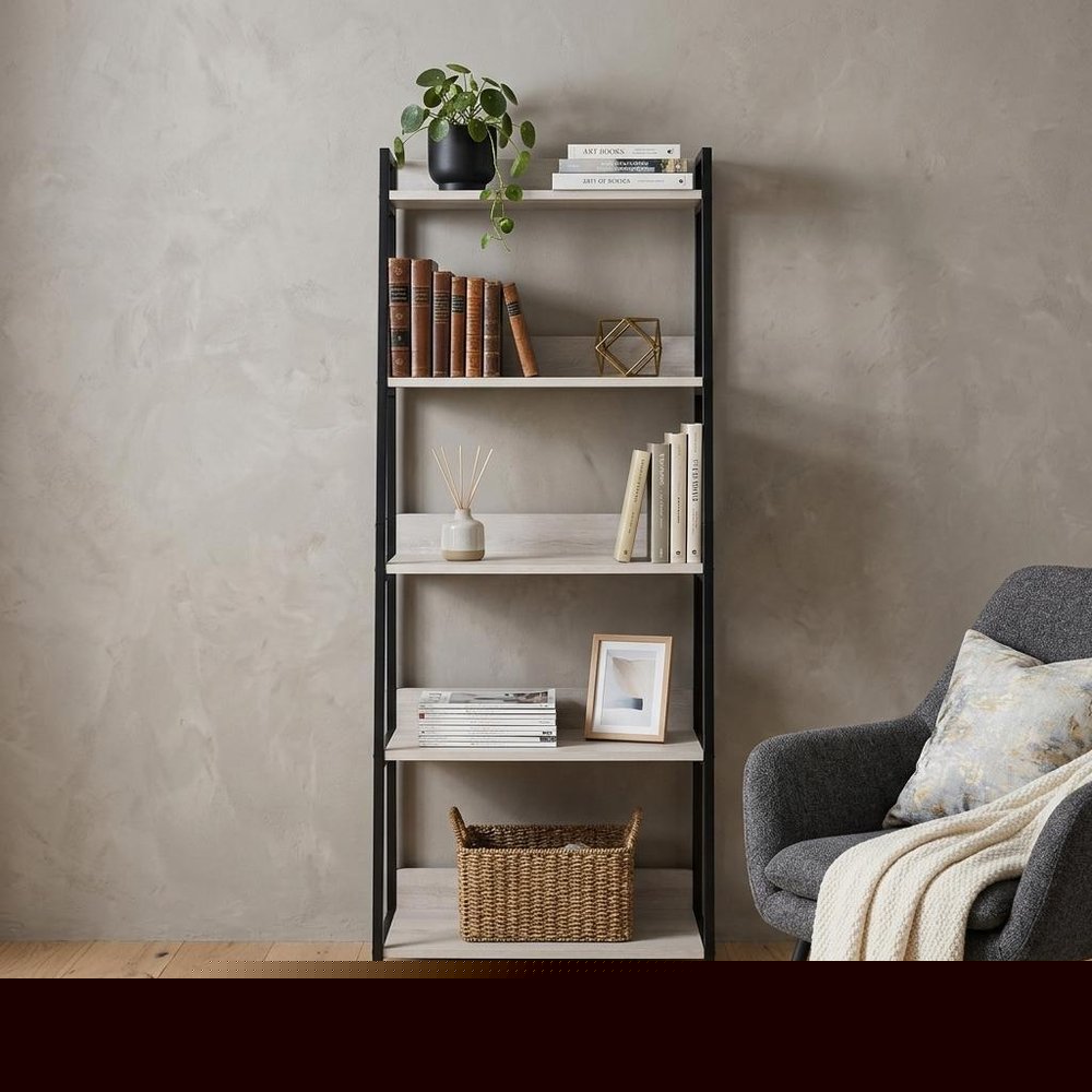 67" Natural and Black Metal Five Tier Ladder Bookcase