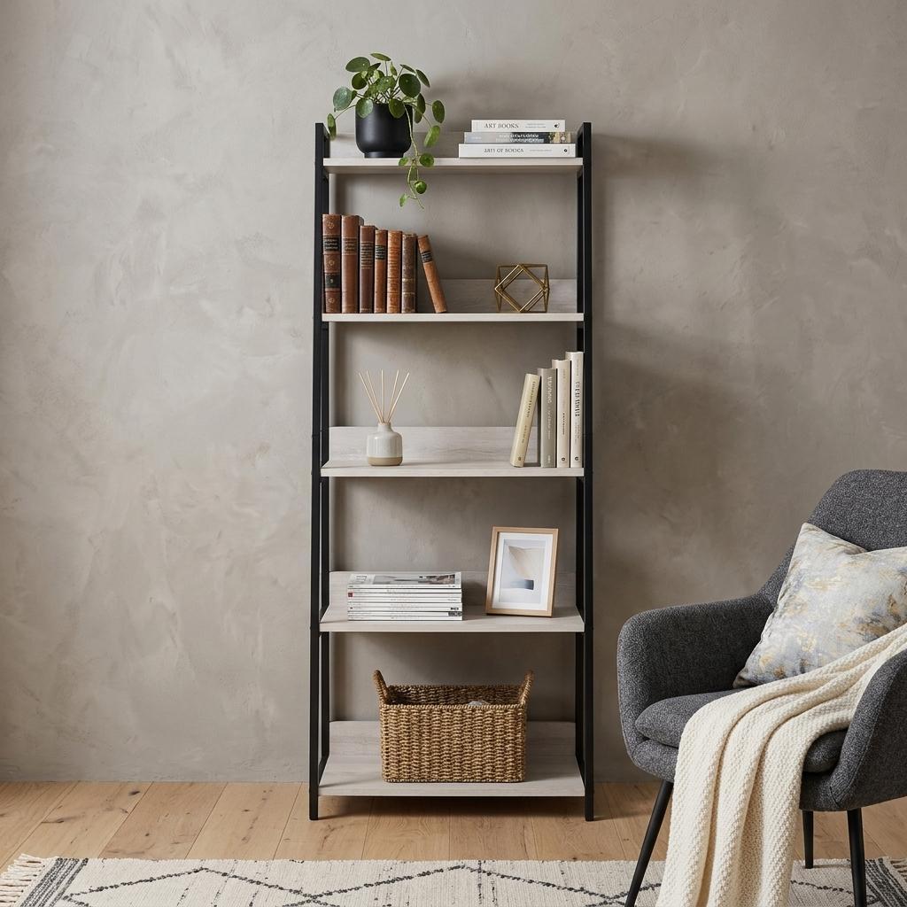 67" Natural and Black Metal Five Tier Ladder Bookcase