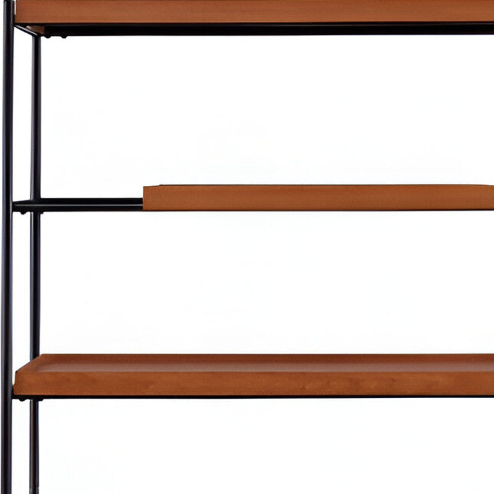 70" Oak And Black Metal and Wood Six Tier Etagere Bookcase