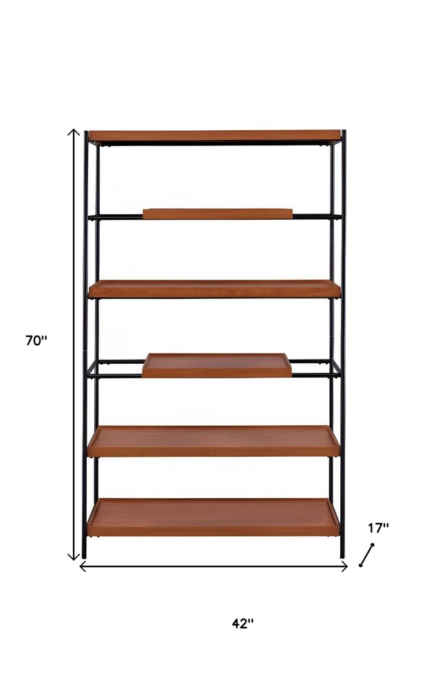 70" Oak And Black Metal and Wood Six Tier Etagere Bookcase