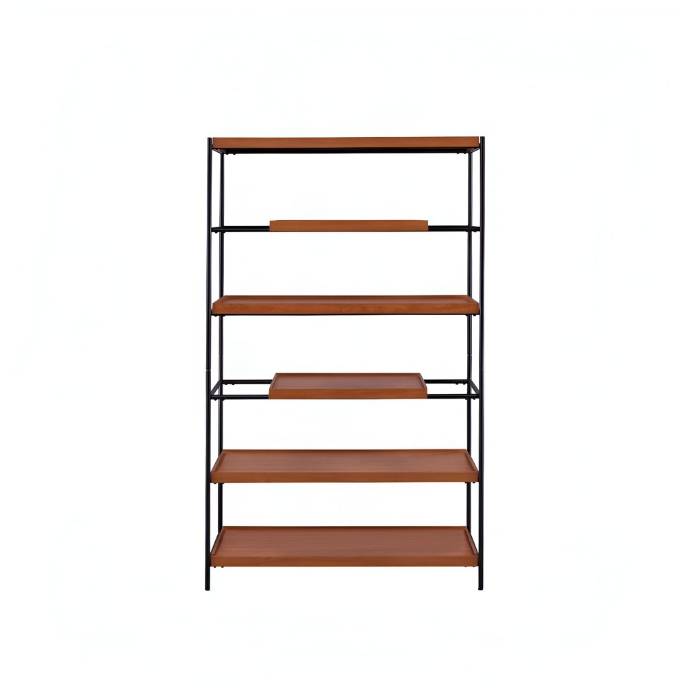 70" Oak And Black Metal and Wood Six Tier Etagere Bookcase