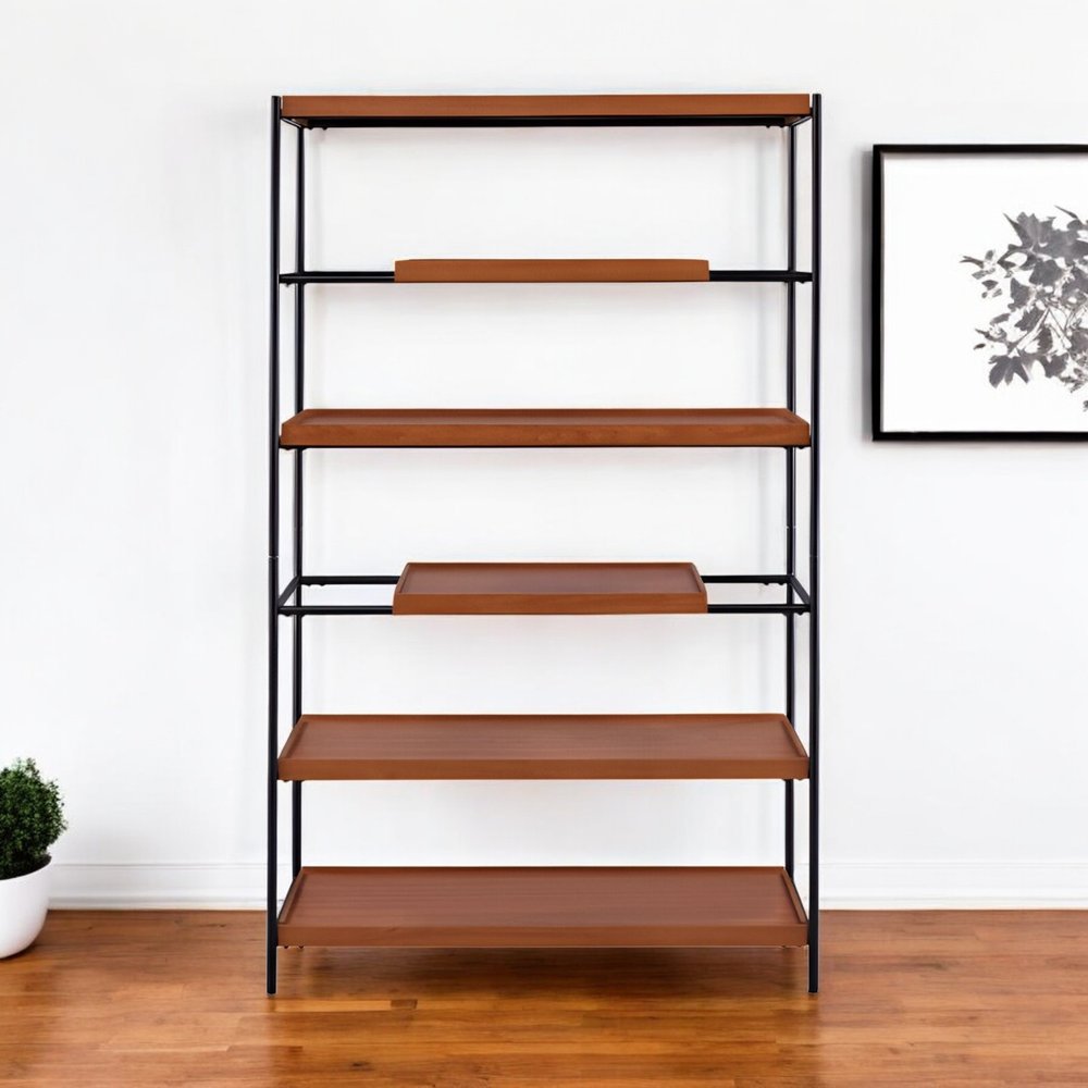 70" Oak And Black Metal and Wood Six Tier Etagere Bookcase