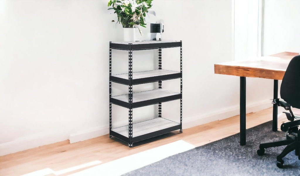 48" Brown and Black Metal Adjustable Four Tier Bookcase