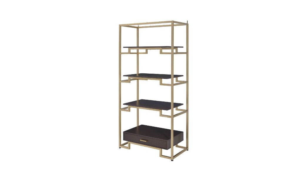 78" Gold and Black Metal Four Tier Etagere Bookcase with a Drawer