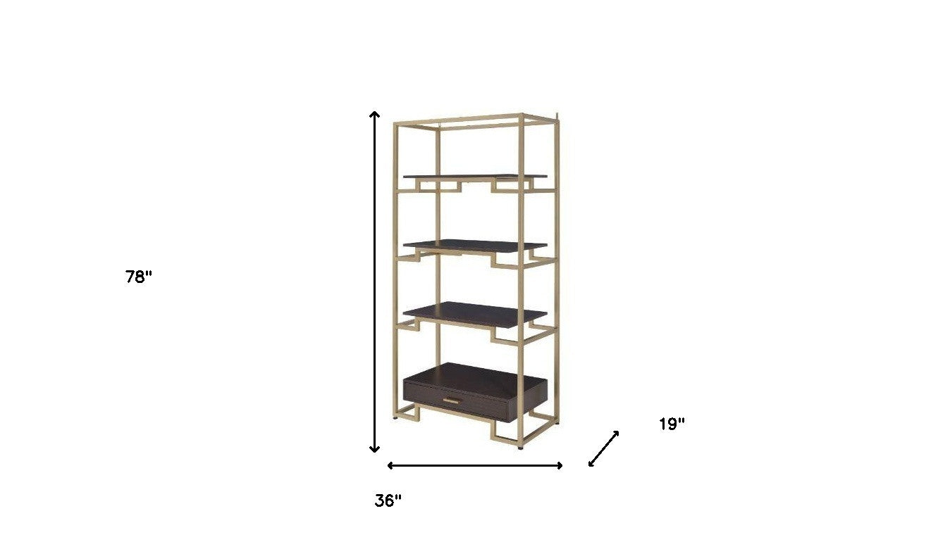 78" Gold and Black Metal Four Tier Etagere Bookcase with a Drawer