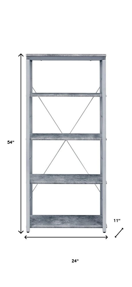 54" Gray And Silver Metal and Wood Four Tier Etagere Bookcase