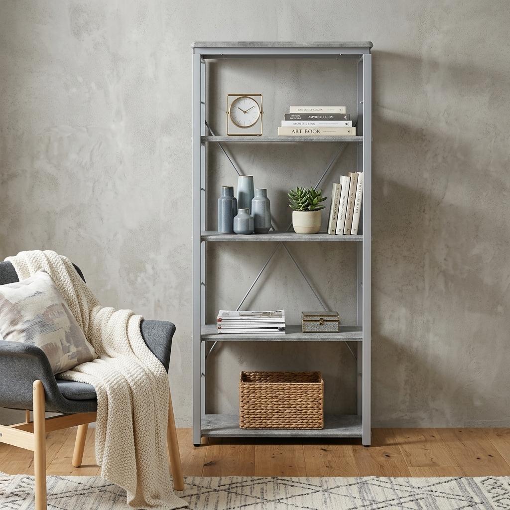 54" Gray And Silver Metal and Wood Four Tier Etagere Bookcase
