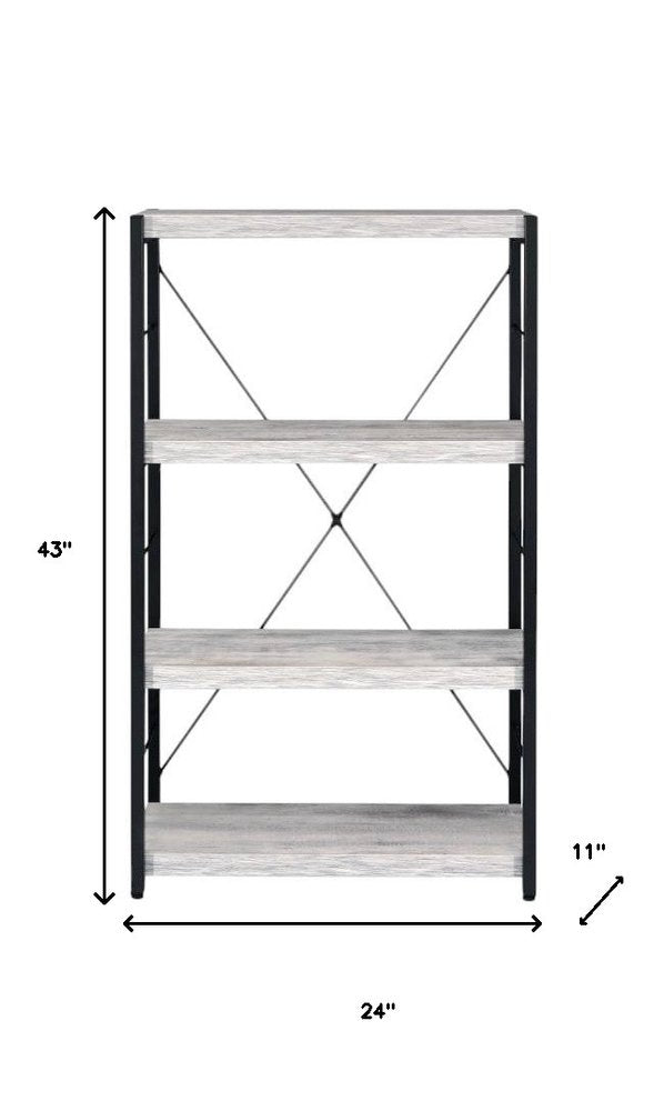 43" Antiqued White And Black Metal and Wood Four Tier Etagere Bookcase