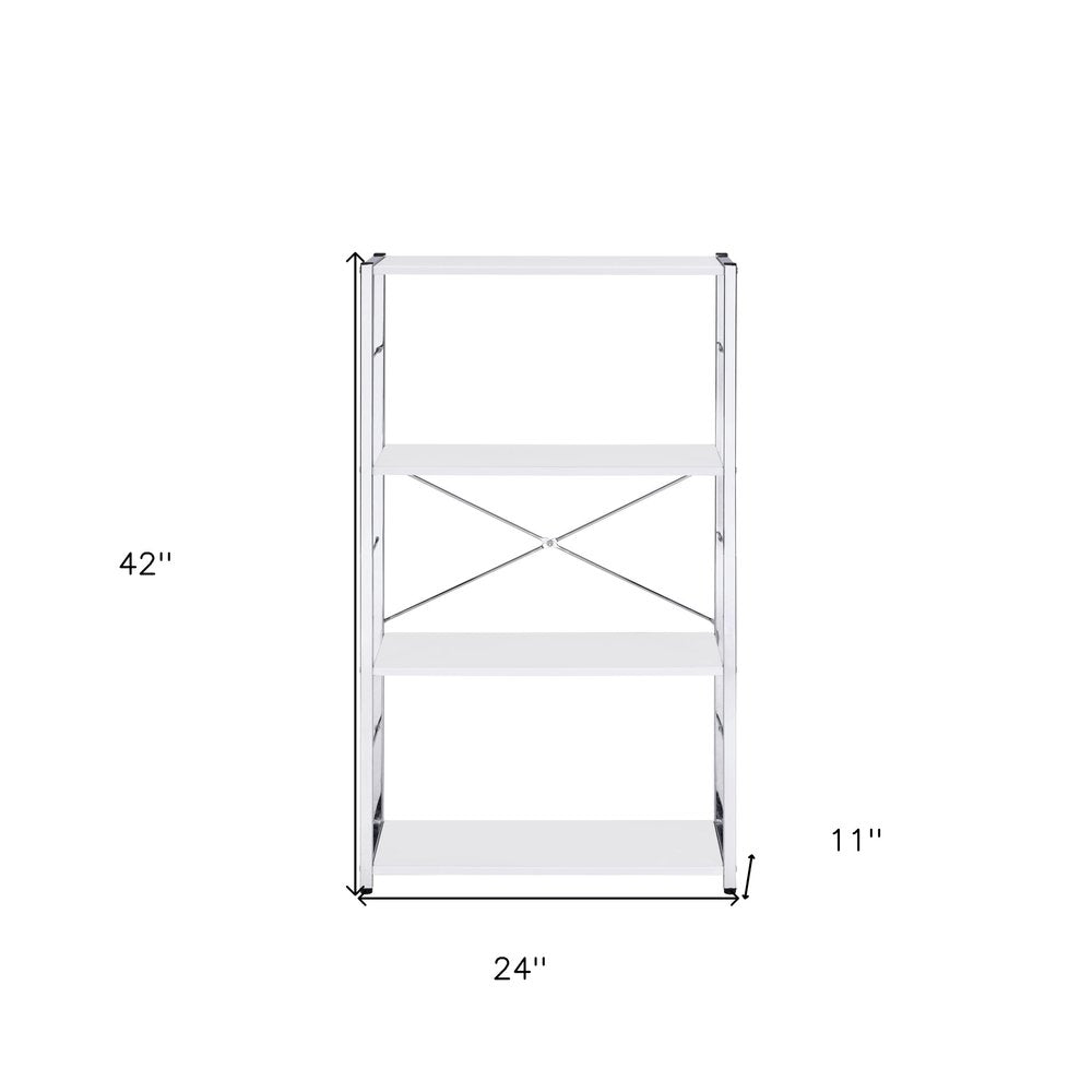 42" White And Silver Metal and Wood Four Tier Etagere Bookcase