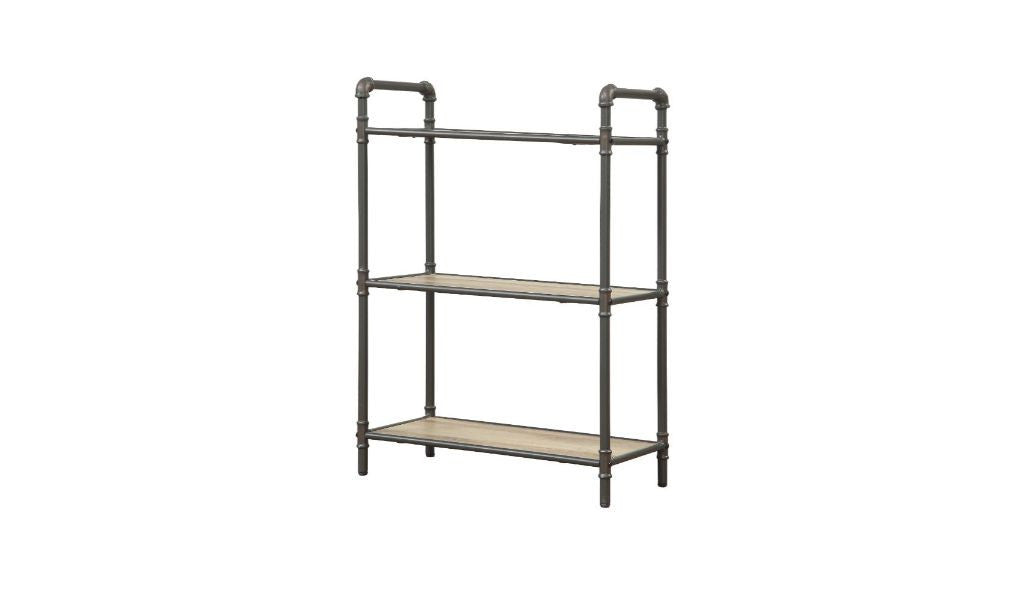 36" Antique Oak and Sandy Gray Metal Three Tier Standard Bookcase