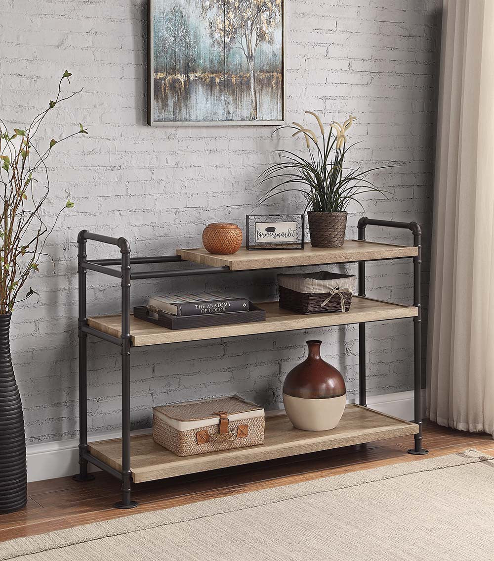 32" Brown and Black Metal Three Tier Etagere Bookcase