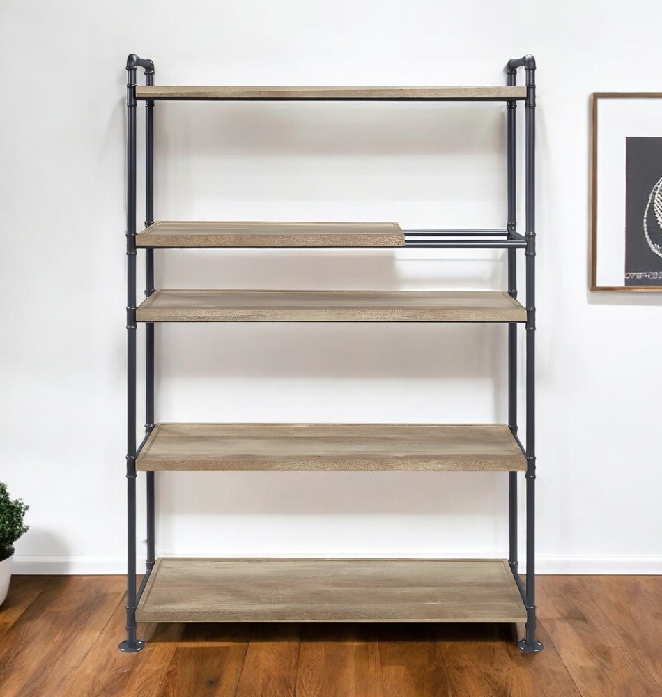 65" Natural And Black Metal and Wood Five Tier Etagere Bookcase
