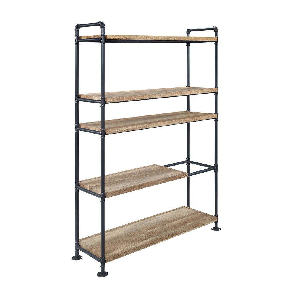 65" Natural And Black Metal and Wood Five Tier Etagere Bookcase