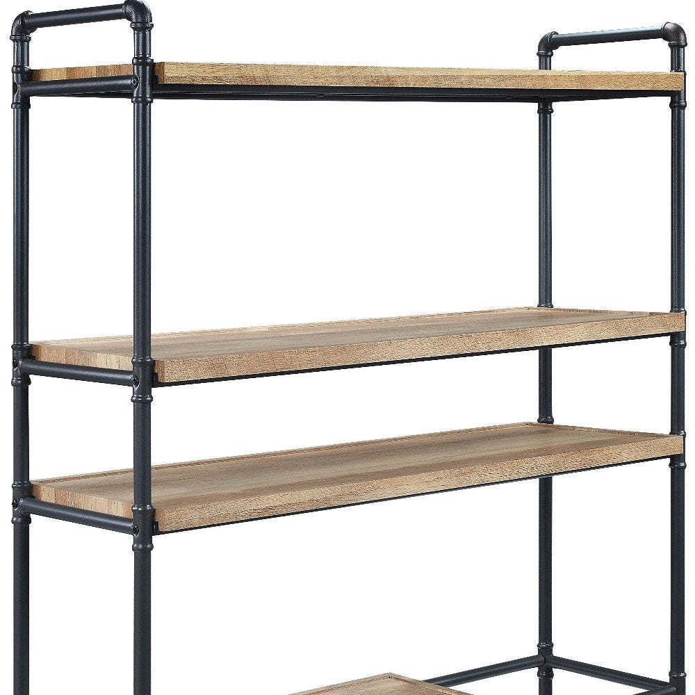 65" Natural And Black Metal and Wood Five Tier Etagere Bookcase