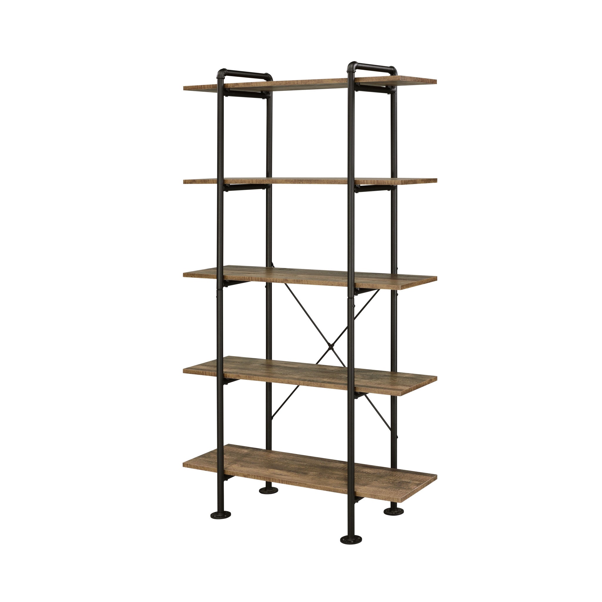 73" Brown and Black Metal Five Tier Etagere Bookcase