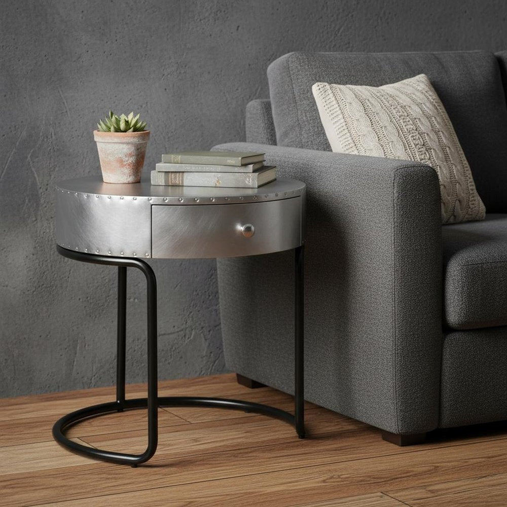 21" Aluminum And Manufactured Wood Round End Table With Drawer