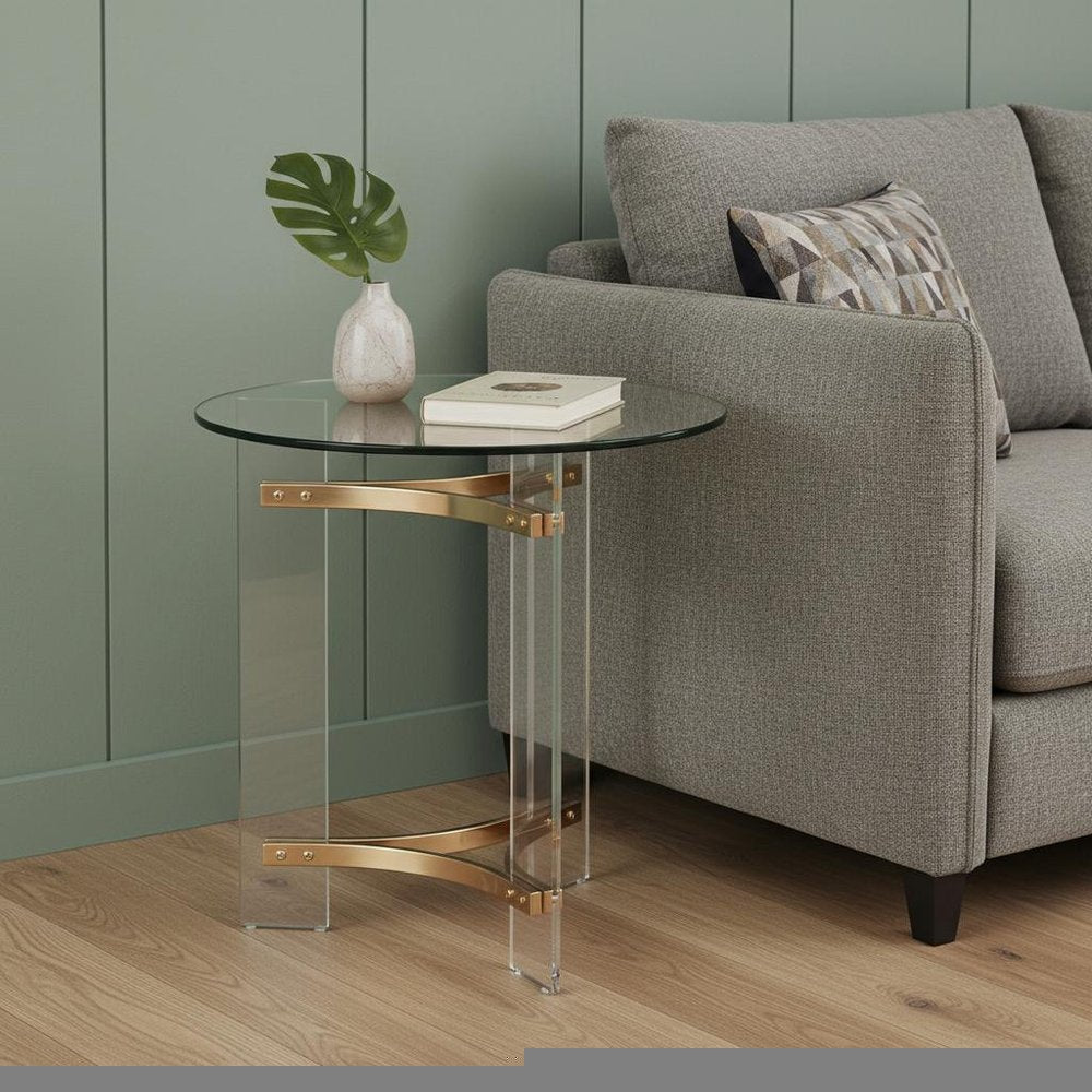 24" Gold And Clear Glass And Metal Round End Table