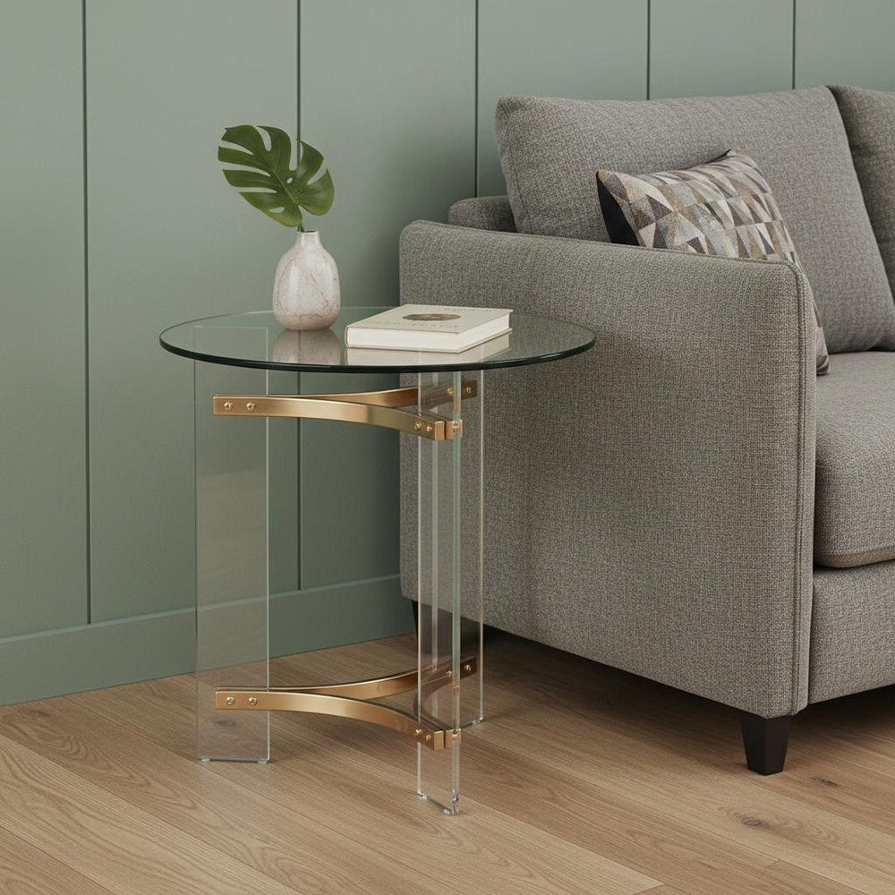 24" Gold And Clear Glass And Metal Round End Table