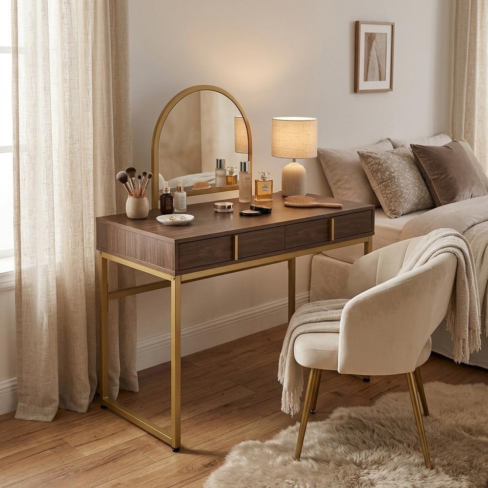 42" Gold Mirrored Vanity Table with Mirror With Two Drawers
