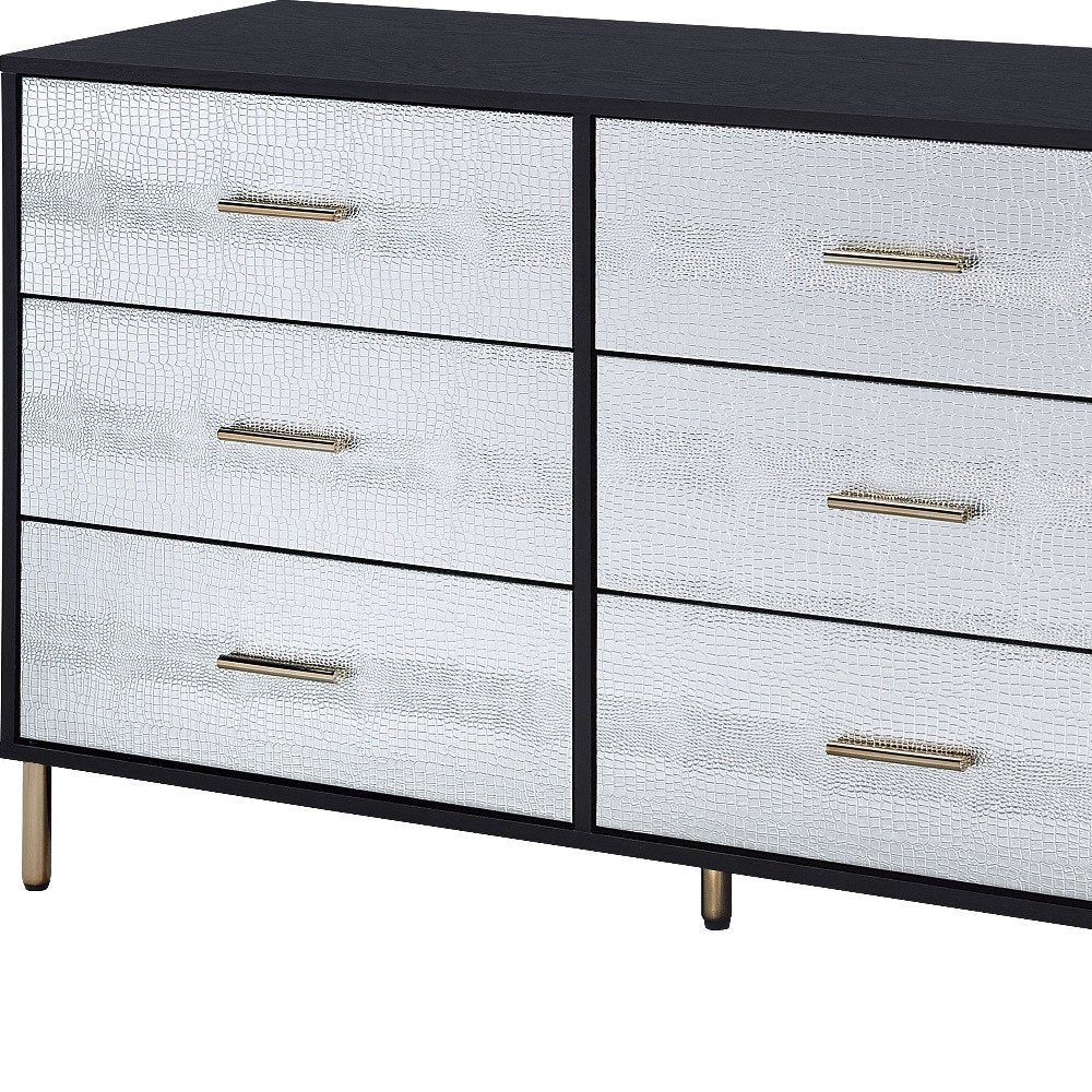 47" Black Silver and Gold Faux Croc Design Six Drawer Double Dresser