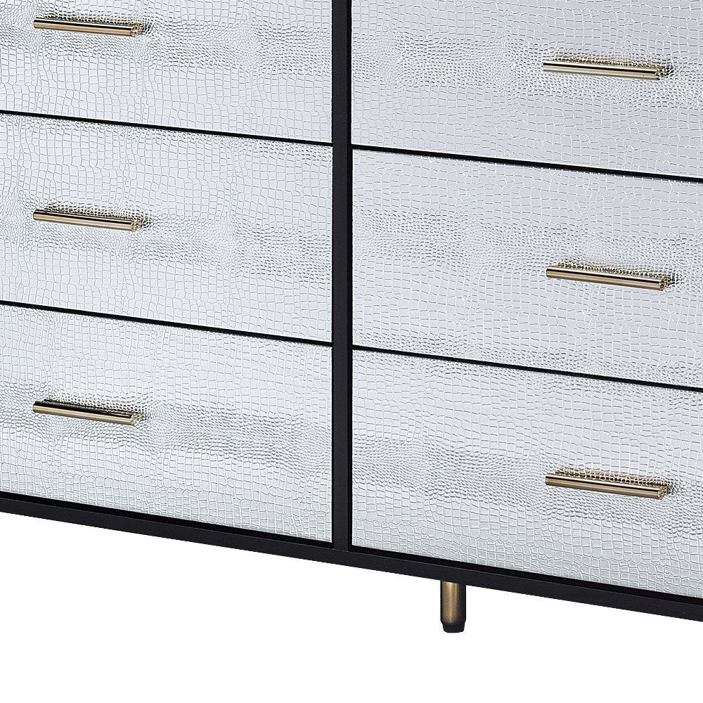 47" Black Silver and Gold Faux Croc Design Six Drawer Double Dresser
