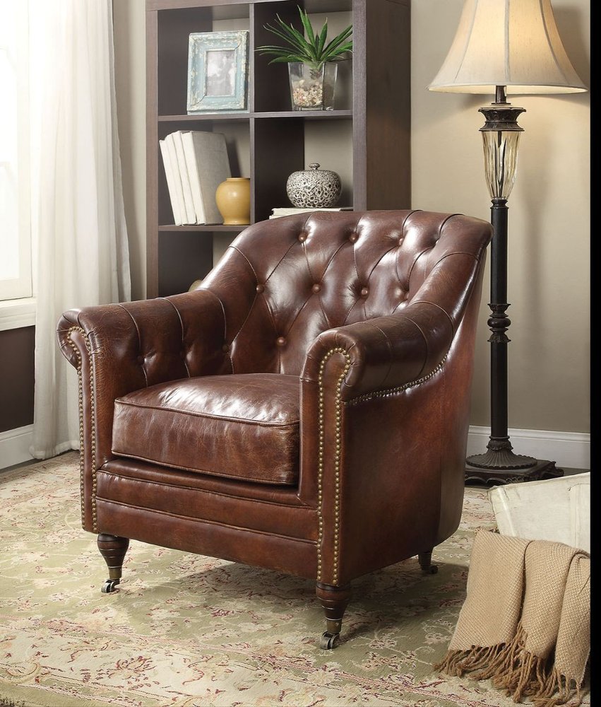 34" Brown Top Grain Leather Tufted Chesterfield Chair