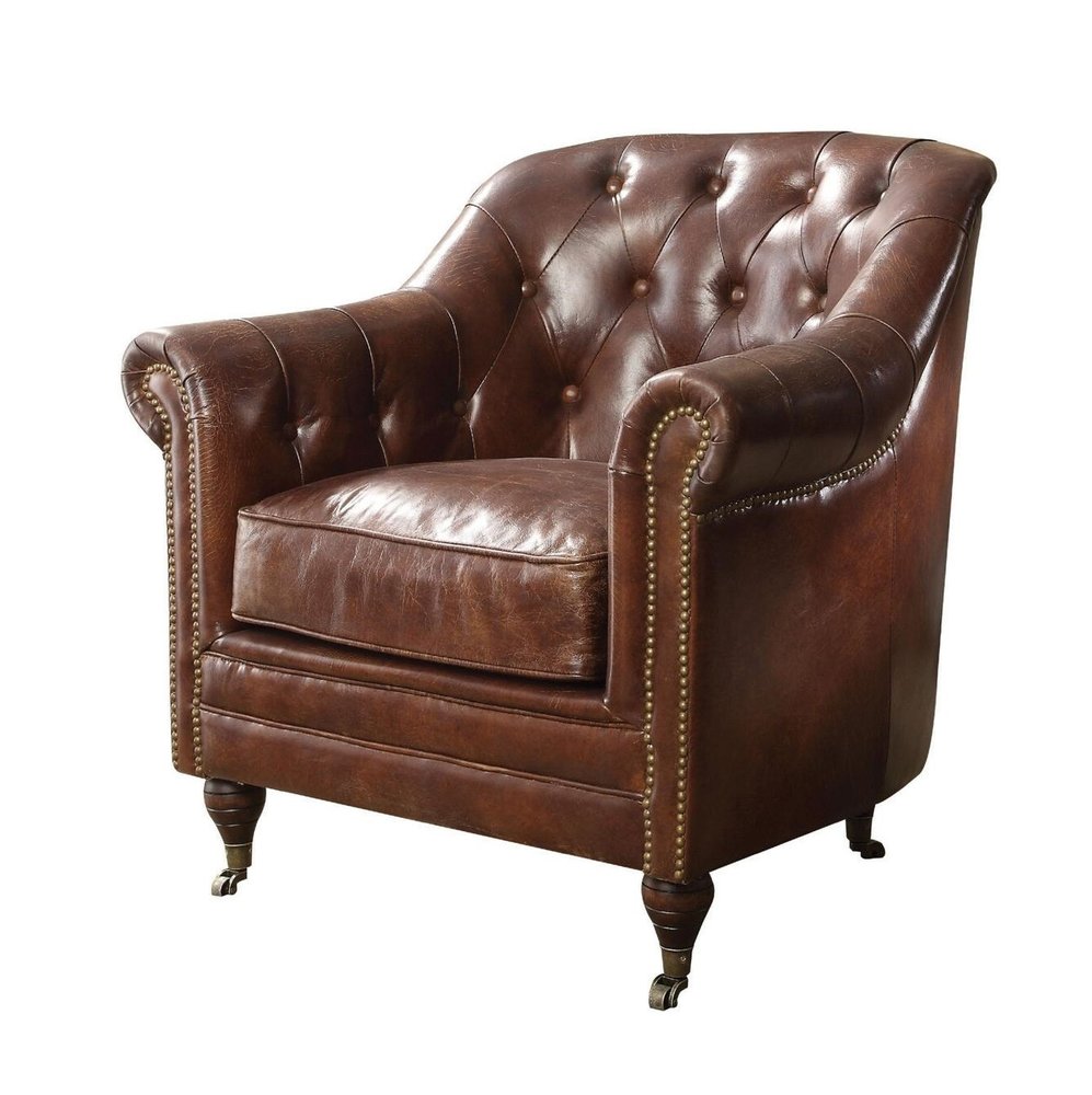34" Brown Top Grain Leather Tufted Chesterfield Chair