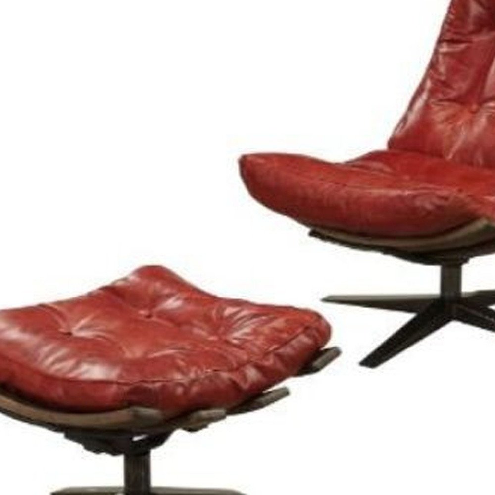 27" Red and Brown Top Grain Leather Tufted Swivel Lounge Chair With Ottoman